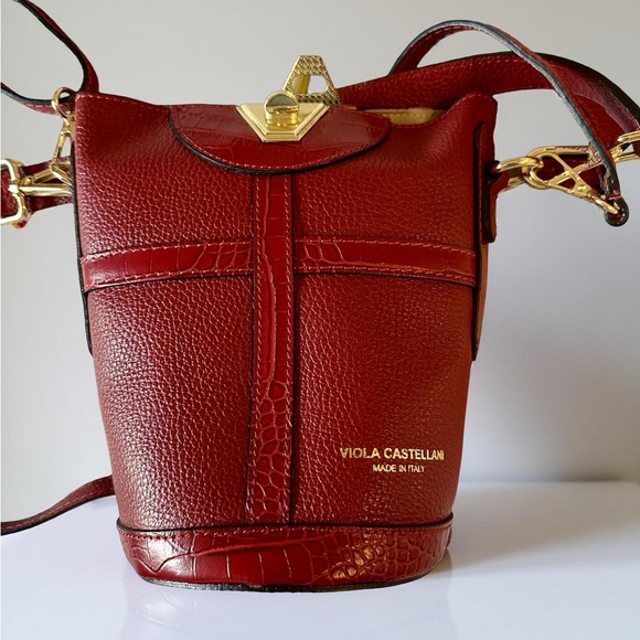 Viola Castellani Italy Red Genuine Leather Bucket Bag - Picture 2 of 8